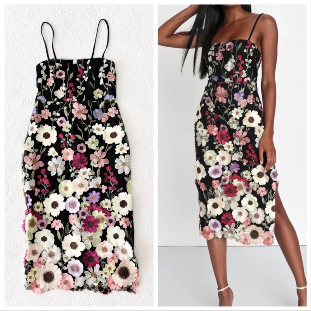 NWOT Lulus Thriving Energy Black 3D Floral Embroidered Lace-Up Midi Dress Large
